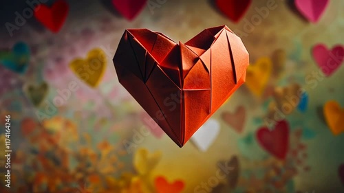 Red Origami Heart: A symbol of love and affection, a meticulously folded origami heart takes center stage against a backdrop of colorful hearts.