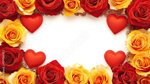 Fototapeta Naklejka Na Ścianę i Meble -  A decorative border of red and yellow roses with red hearts, ideal for romantic occasions.