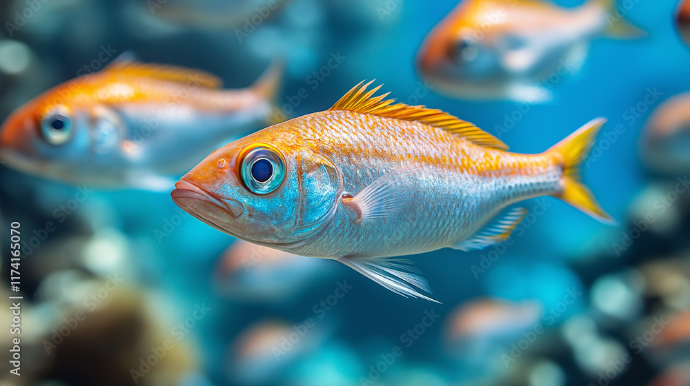 Fototapeta premium Colorful marine fish swimming in a serene coral reef setting.