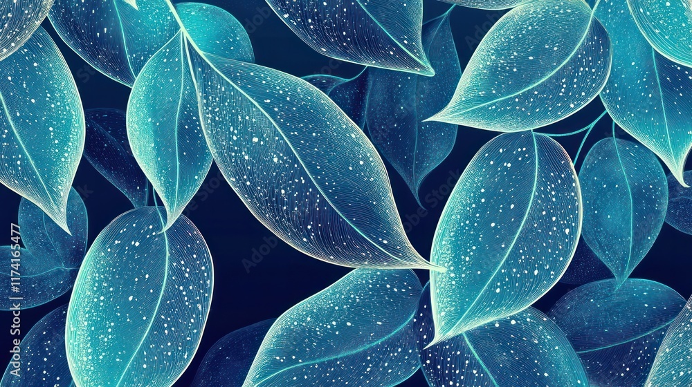 Fototapeta premium Exquisite close up of lush verdant foliage with delicate glistening water droplets This serene natural background features a pattern of elegant leaves in a variety of shades of green