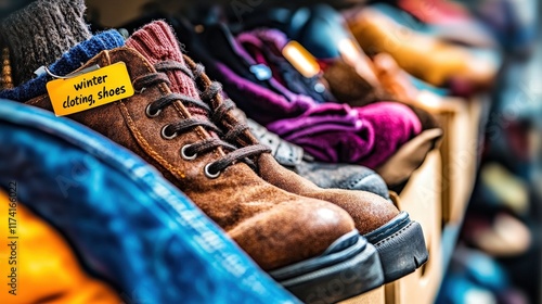 This colorful image presents a selection of winter boots and clothing items, effectively demonstrating comfort, warmth, and style for the colder months in a retail setting. photo