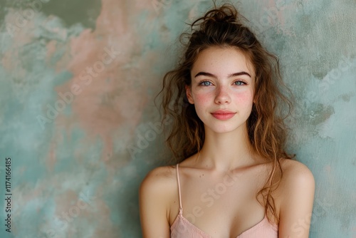 Young woman with natural beauty standing against a textured wall