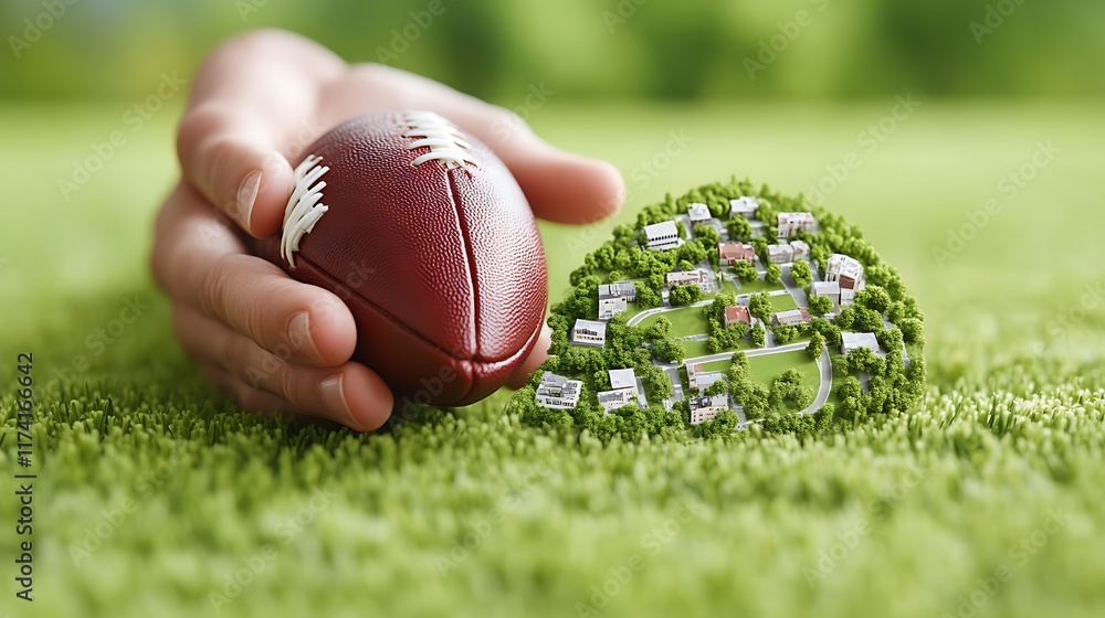 Hand Holding Football Near Miniature Green Town