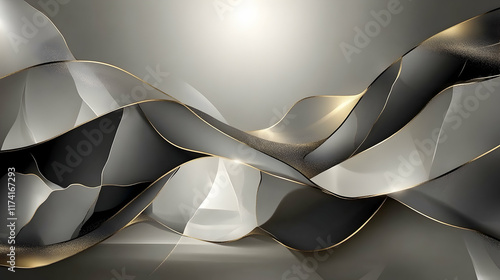 Abstract elegant grayscale design featuring flowing, interweaving shapes outlined in gold, ideal for modern backgrounds or website headers.