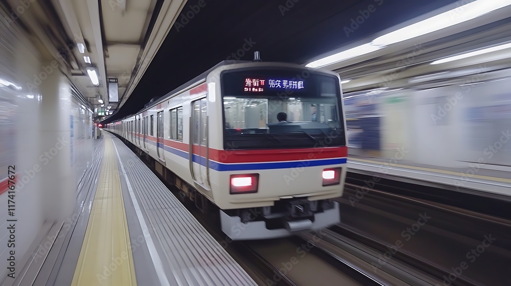 Fototapeta premium Rapid Transit: A Nighttime Journey on the Japanese Railway