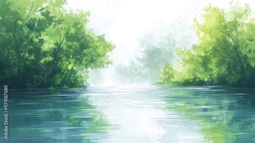 A tranquil lake with green trees on the shoreline and morning mist drifting above the water.