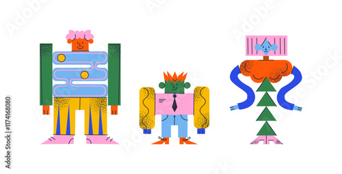 Cartoon geometric mascot characters. Geometric shapes, various shapes. Retro set of abstract people in cartoon comic groovy style	