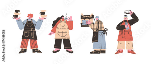 Сartoon barista characters in retro 90s style. Men workers with cups preparing coffee. espresso, cappuccino, latte. Workers, coffee shop staff, coffee maker. Flat illustration