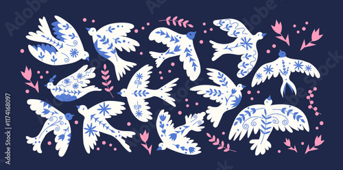 Cartoon abstract birds with pattern . Decorative elements, botanical boho style, flying birds. Trendy vector pattern. Scandinavian pigeon, swallow	