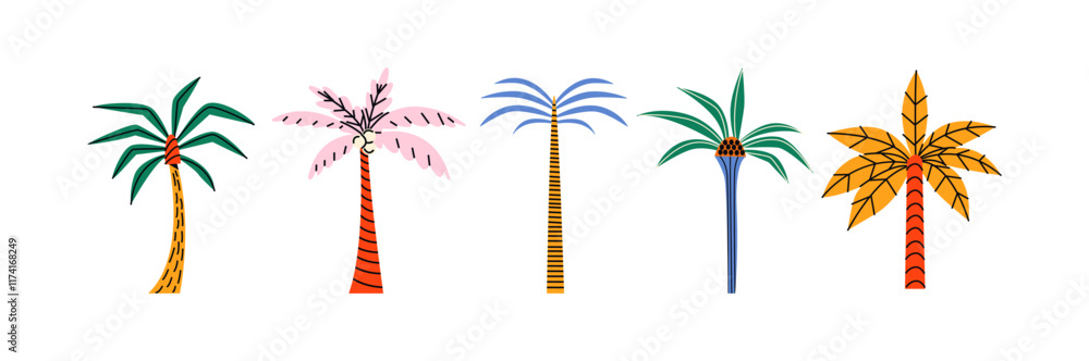 Fototapeta premium Palm trees with tropical leaves in cartoon style. Bright jungle trees with pattern, Botanical elements of tropics and hot countries with beach. Vector stickers in retro doodle style