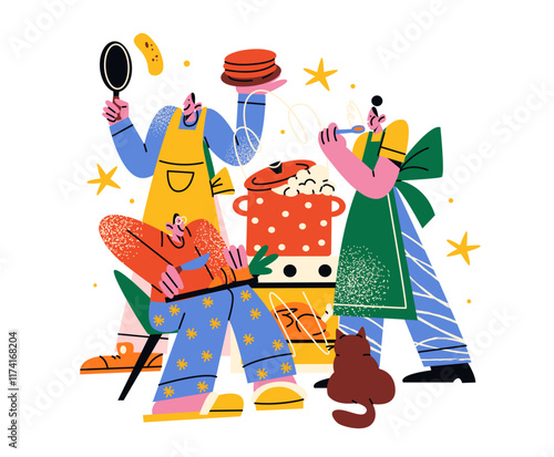 Cartoon characters cook chefs. People cooking dishes. Abstract composition in doodle style, workers of restaurant and cafe of high cuisine. Vector illustration with abstract shapes
