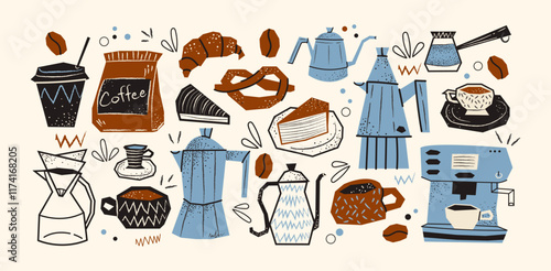 Coffee stickers set. Coffee makers, kettles, brewing, arabica coffee, glass,espresso,cappuccino, beans.Graphic doodle minimalist retro icons.Coffee shop patches