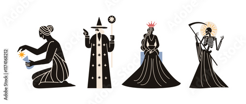 Mythical creatures and characters. Magic mascots: magician, god, queen witch from fairy tales. . Celestial magical forms with esoteric mystical symbols and mythical characters, tarot fortune telling