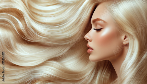 Beautiful young woman with healthy long blonde silky shining hair. Beauty woman with luxurious long blonde hair as background. Beautiful blonde for hair products advertising.