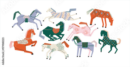 Ponies and horses in cartoon style. Vector Scottish animals with patterns and boho style. Bright zoo pets of wild nature. Retro stickers in doodle style.