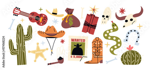 Cowboys Wild West stickers in 90s cartoon style. Gun, cowboy hat, boots. Retro western set of labels for hunters and villains	