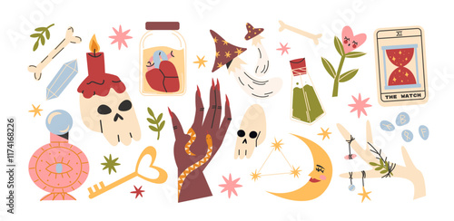 Cartoon mystical magic and witchcraft set. Abstract stickers: skull, potion, halloween, botanical elements, tarot cards. Wild magic doodle shapes in retro vintage style hand drawn