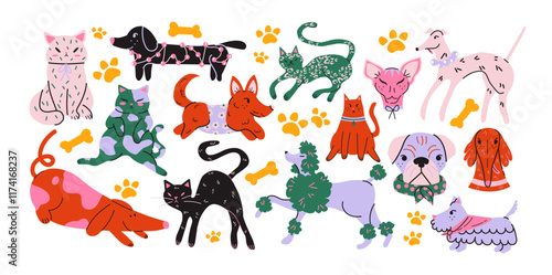 Cute pets cats and dogs in groovy style 90s. Doodle cartoon puppies characters in retro style. Animals veterinarian zoo stickers	