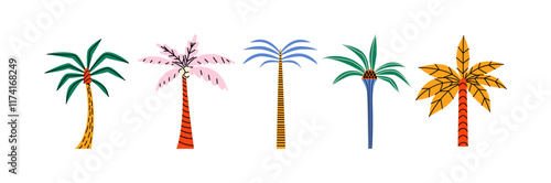 Palm trees with tropical leaves in cartoon style. Bright jungle trees with pattern, Botanical elements of tropics and hot countries with beach. Vector stickers in retro doodle style