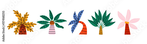 Palm trees with tropical leaves in cartoon style. Bright jungle trees with pattern, Botanical elements of tropics and hot countries with beach. Vector stickers in retro doodle style