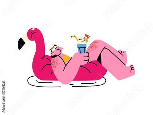 Cartoon characters in the pool on inflatable rings in the pool. Pool party, girls relax on a rubber circle mattress with cocktails. Trendy doodle groovy mascot in retro style