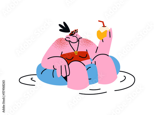 Cartoon characters in the pool on inflatable rings in the pool. Pool party, girls relax on a rubber circle mattress with cocktails. Trendy doodle groovy mascot in retro style