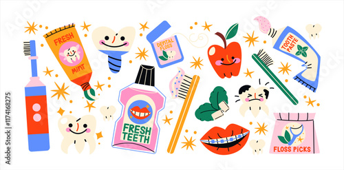 Oral care, dental kit: toothbrushes, floss, mouthwash, braces. Accessories for cleaning teeth, cartoon vector stickers in groovy doodle retro style.
