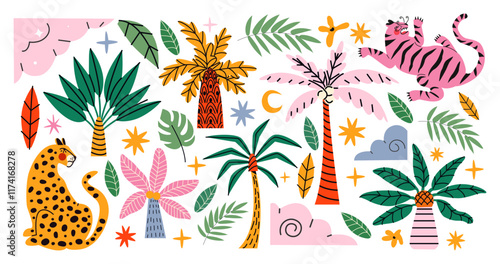 Stickers exotic tropical leaves, tigers, leopards and wild animals, birds, jungle plants, palm trees, monstera leaves and flowers. Set of vector jungle stickers in cartoon retro style