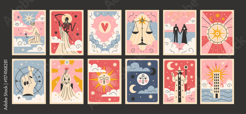 Tarot cards set major Arcana. Celestial magic poters with esoteric mystical symbols. Set for fortune telling. Spiritual illustrations with signs of fate predictions