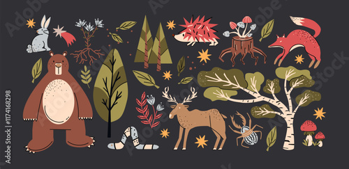 Mystical stickers of forest animals, plants, moon, sun. Folklore fairy tale motifs, magical mysterious enigmatic forest. Vector elements in cartoon style

