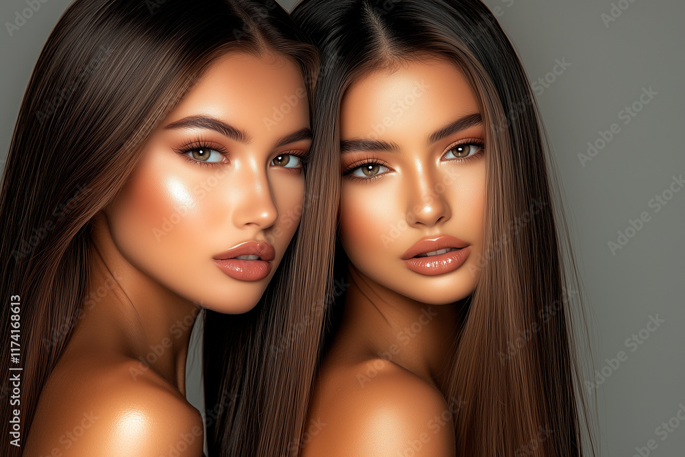 Beautiful twins models posing with natural fresh make-up and with silky shiny hair in a studio. Beautiful young twin sisters. Beautiful twins models posing with natural fresh make-up and with silky shiny hair in a studio. Beautiful young twin sisters.