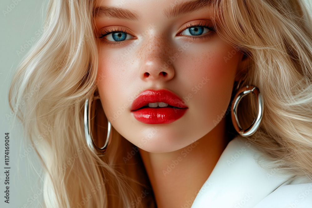Close up portrait of fashion beautiful gorgeous blonde woman with blue eyes and red lips in white coat with silver earrings. Glamorous style. Beauty portrait. Close up portrait of fashion beautiful gorgeous blonde woman with blue eyes and red lips in white coat with silver earrings. Glamorous style. Beauty portrait.
