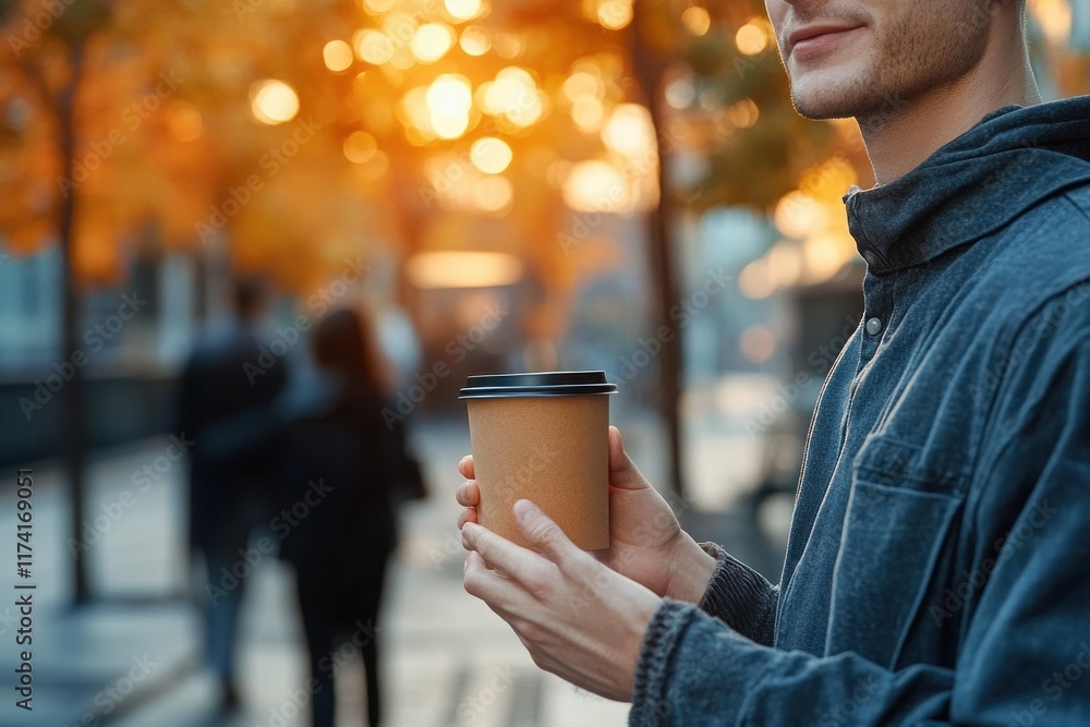 Casually Dressed Man Holding Reusable Coffee Cup Smiling While Meeting Friends Outdoors in Urban Setting Casually Dressed Man Holding Reusable Coffee Cup Smiling While Meeting Friends Outdoors in Urban Setting