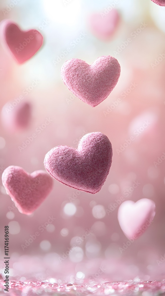 Obraz premium A soft pink background with floating hearts and glowing bokeh, leaving ample space in the center for a message