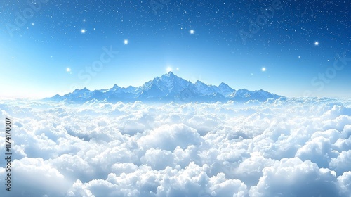 Majestic snow-capped mountains peak above a sea of clouds under a starry sky. photo