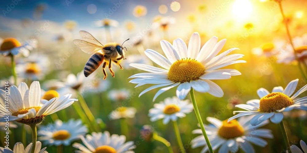 Generative AI unveils a breathtaking image: a bee's delicate dance around a sunlit daisy blossom. Generative AI unveils a breathtaking image: a bee's delicate dance around a sunlit daisy blossom.