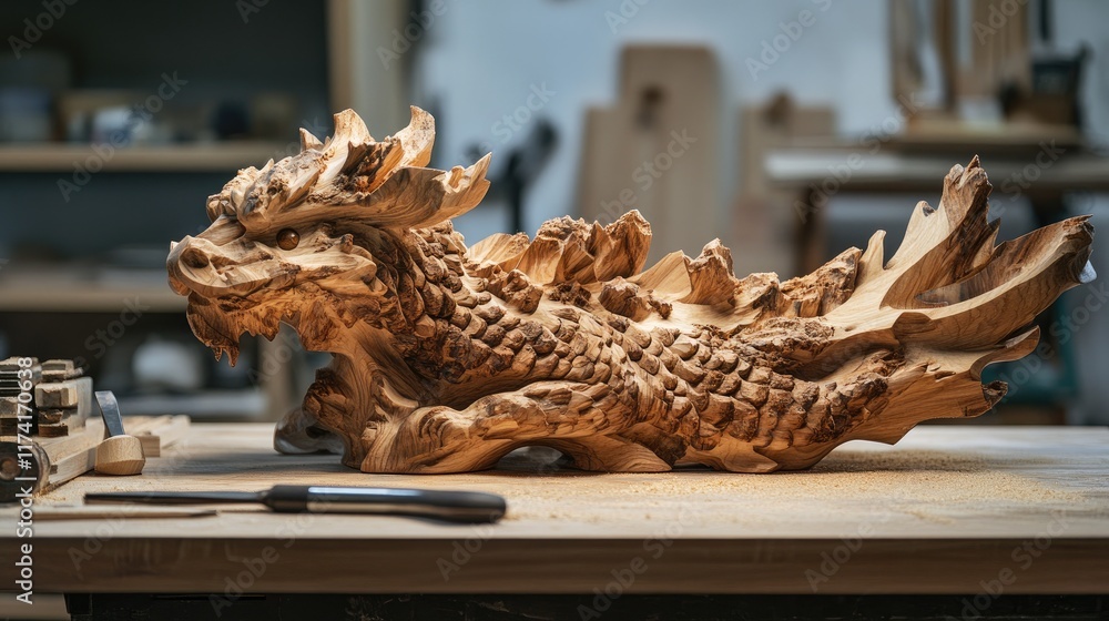 A woodworking project with a carved wooden sculpture and precision tools on a workbench. A woodworking project with a carved wooden sculpture and precision tools on a workbench.