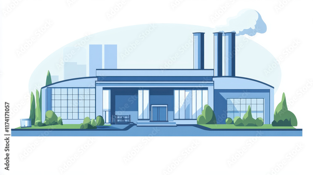 Fototapeta premium Flat vector illustration of an industrial building with smokestacks and greenery, simple flat style, industrial factory, blue color scheme