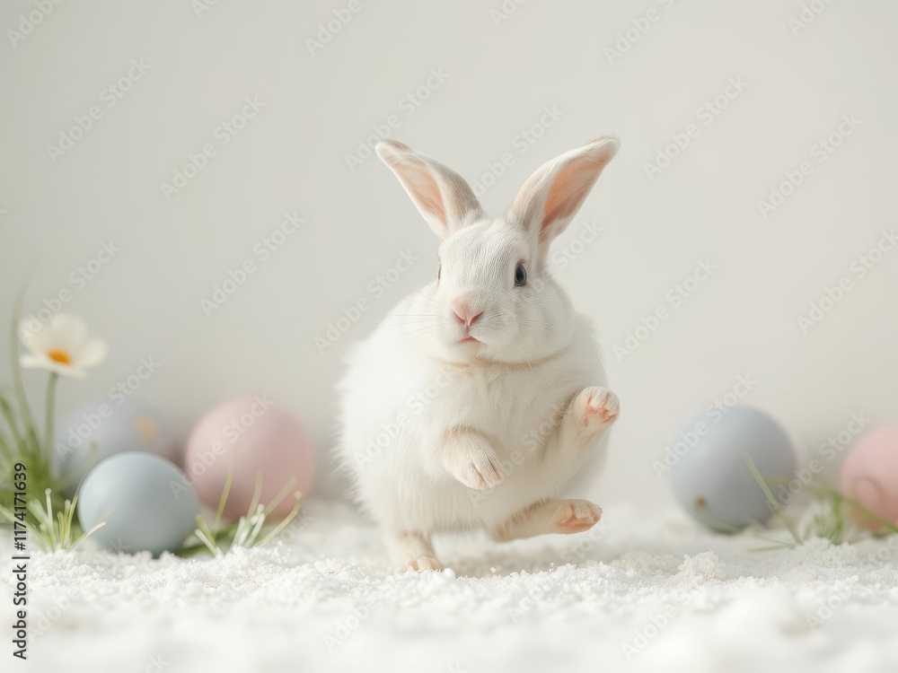 Obraz premium Fluffy Easter bunny hopping on a pristine white chick background, easter design, vibrant, easter image