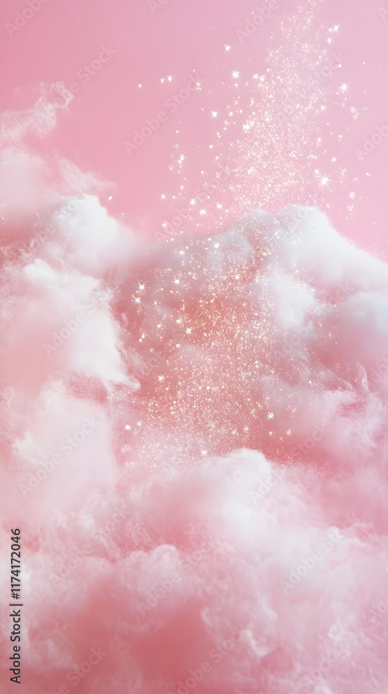 Fototapeta premium A soft pink cloud-like texture with sparkling stars and a space in the center for text