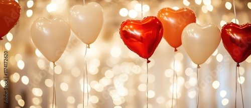 Heartshaped balloons floating in a cozy party setup, vibrant, blend mode, indoor decoration photo