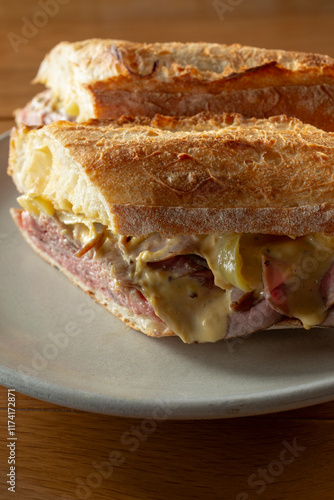 A closeup view of a roast beef sandwich. photo