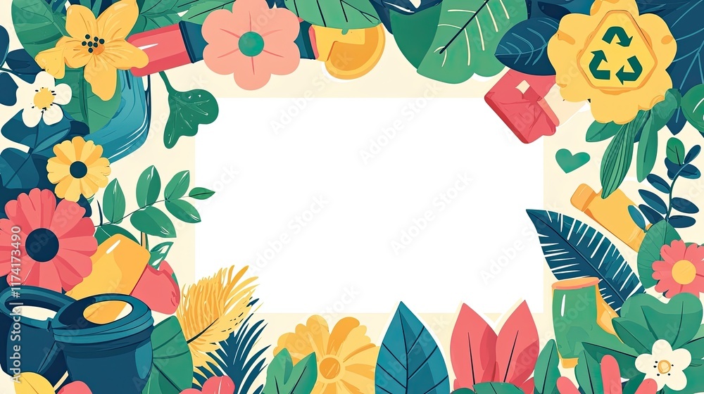 Fototapeta premium A colorful floral border design with space for text, emphasizing nature and recycling themes.