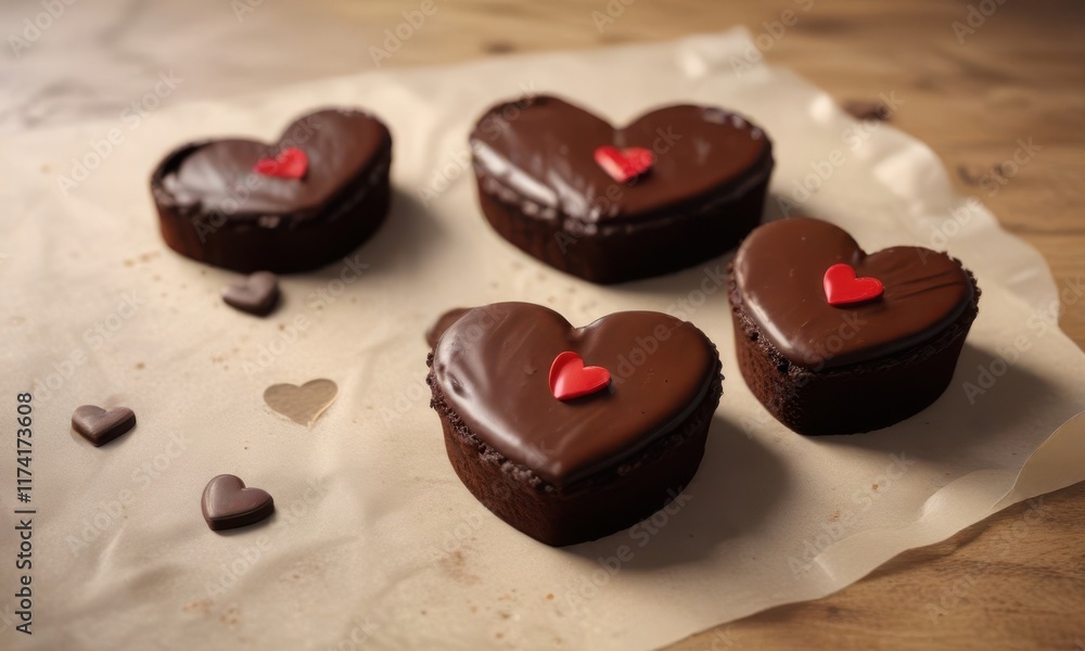 Rich, dark chocolate cakes; heart shapes on parchment , heart shaped, foodie Rich, dark chocolate cakes; heart shapes on parchment , heart shaped, foodie