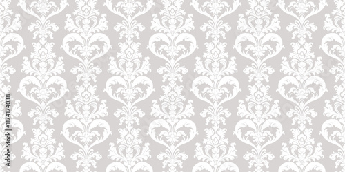 Damask seamless pattern. Luxury subtle vector background. Elegant ornament in baroque, rococo, renaissance, revival style. Abstract gray and white texture with curly floral elements. Repeating design