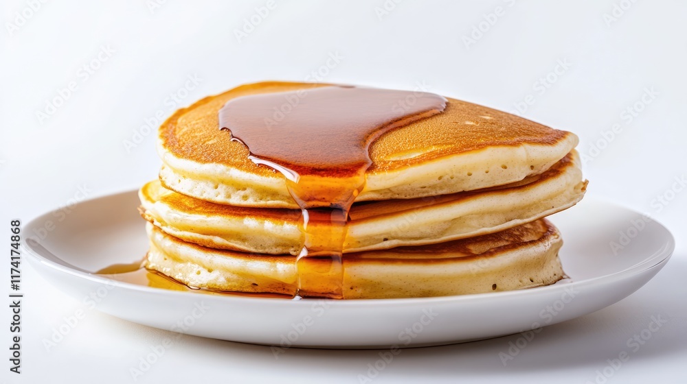 delicious plate of pancakes and maple syrup isolated on a white background delicious plate of pancakes and maple syrup isolated on a white background