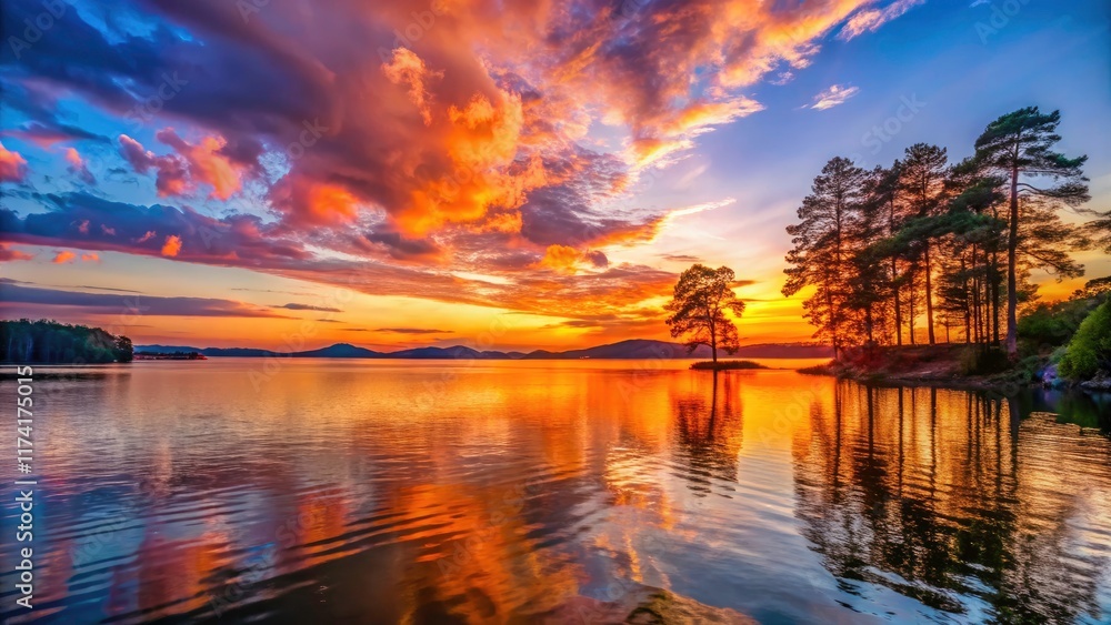 Fototapeta premium Lake Keowee's golden sunset paints a picturesque South Carolina landscape; stunning photography captures the moment.