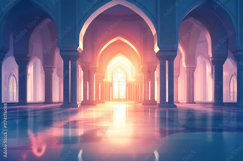 Serene Mosque Interior Illuminated by Warm Sunset Light Serene Mosque Interior Illuminated by Warm Sunset Light