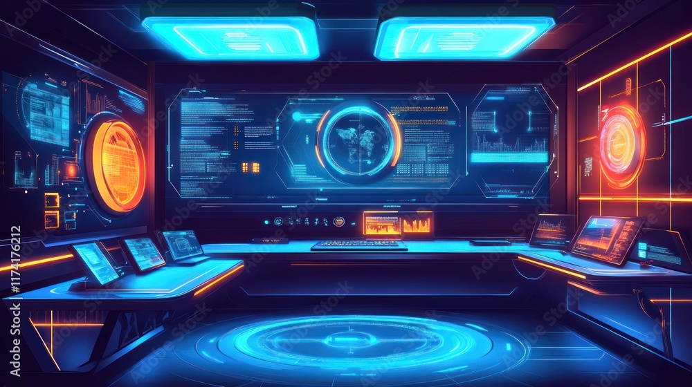 Fototapeta premium Futuristic control room with holographic screens, glowing interfaces, and a sleek metallic design
