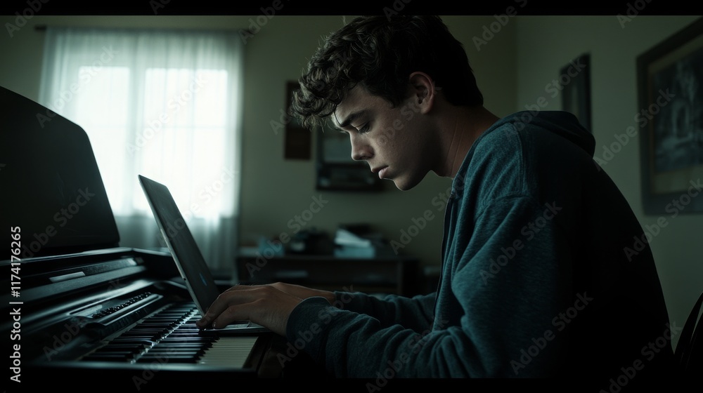 Thoughtful young man engaged in creative music composition at piano, using laptop, artistic focus on expression, deep concentration in cozy room ambiance Thoughtful young man engaged in creative music composition at piano, using laptop, artistic focus on expression, deep concentration in cozy room ambiance